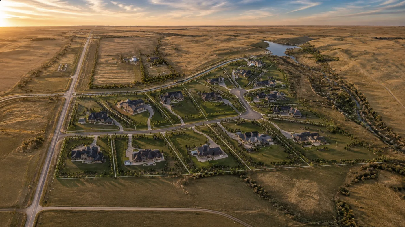 Conceptual aerial of prairie homes in warm evening light