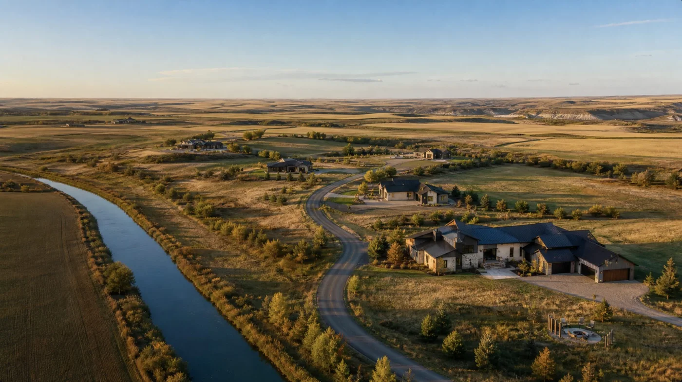 Conceptual custom homes in a landscaped country setting beside a canal