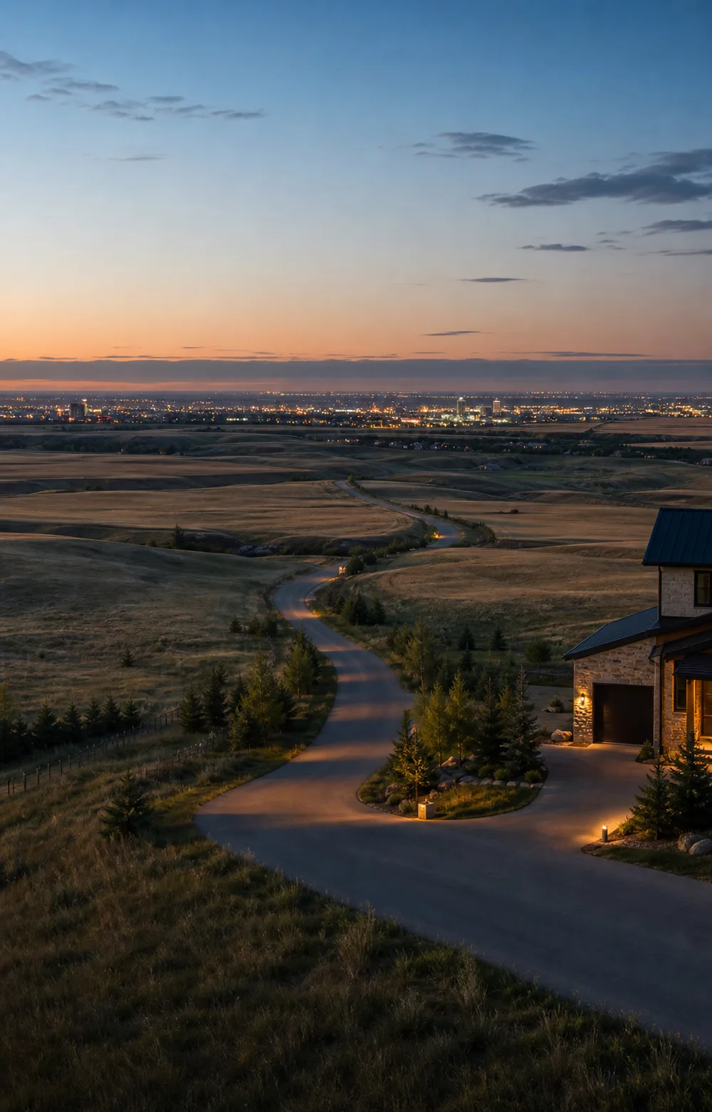 Conceptual rural outlook toward city lights in the distance