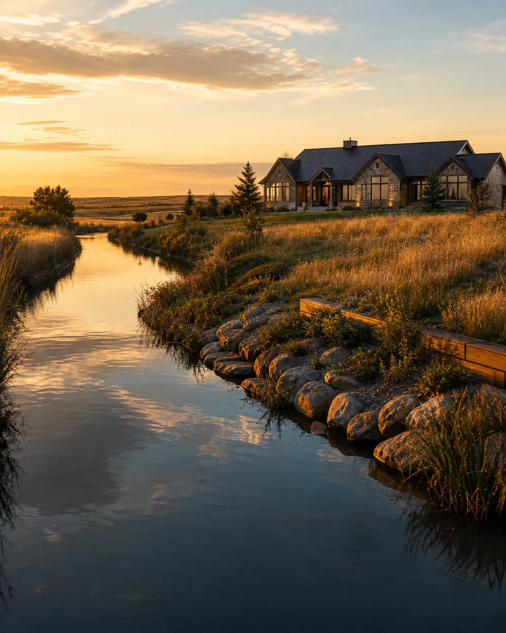 Conceptual country home beside an irrigation canal at golden hour